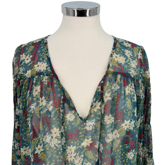Pins & Needles Anthropologie Sheer Floral Blouse Teal Multicolor Size Small - Picture 2 of 11